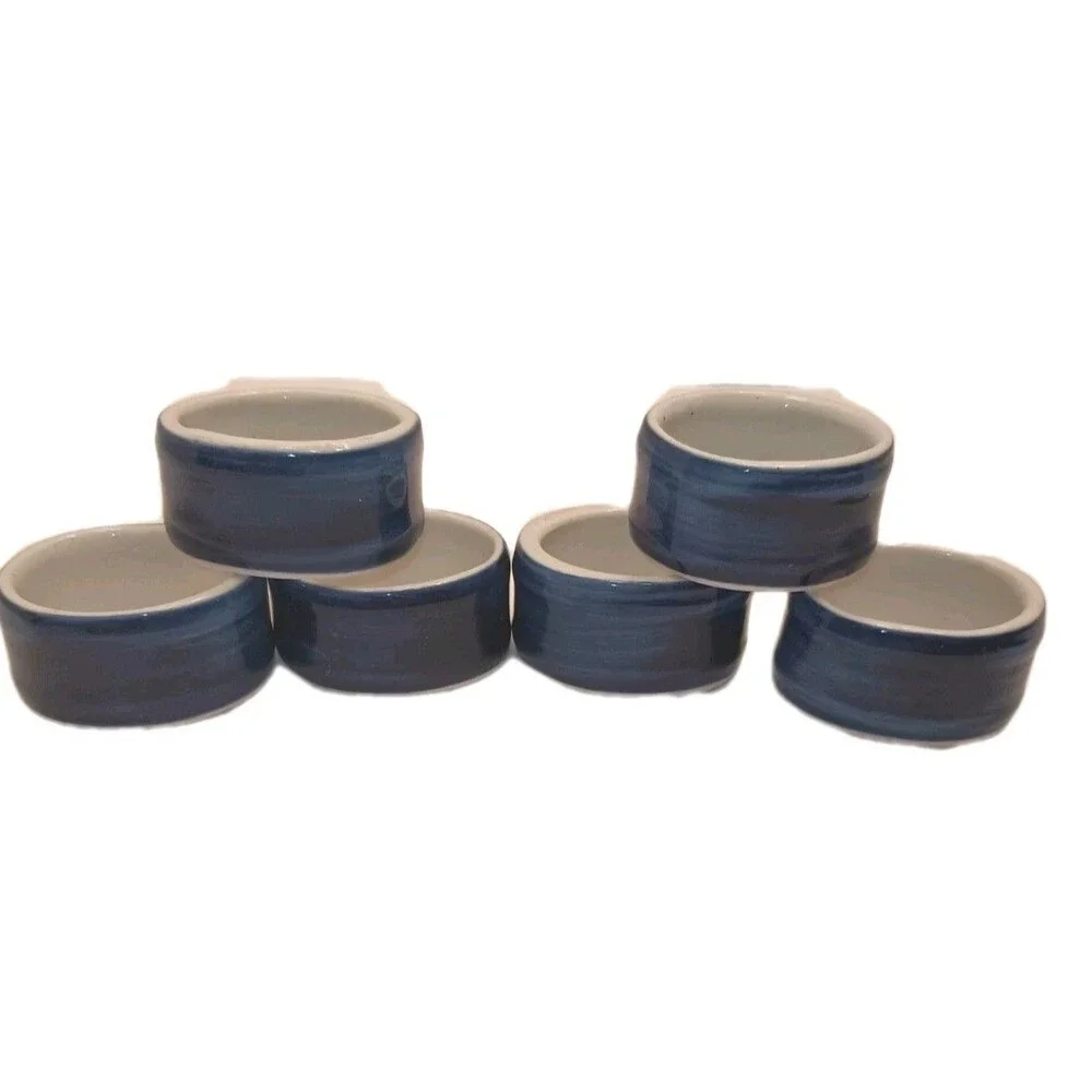 SET OF 6 - Glossy Blue & White Striped Ceramic NAPKIN RINGS, Modern. NICE!